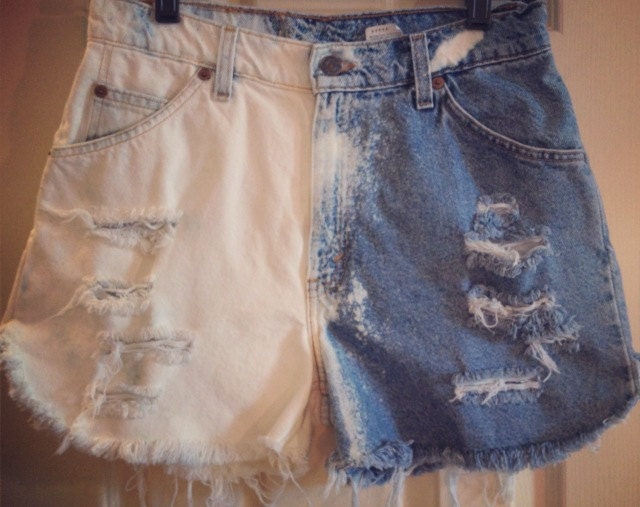 Buy high waisted shorts - Custom High Waisted Waist Shorts Vintage Denim Ripped Half Bleached two toned
