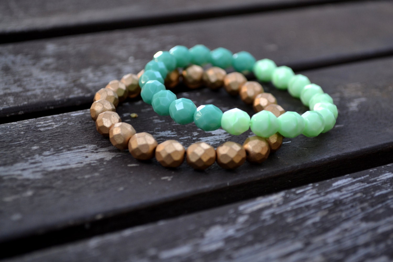 Stackable Pairing - Aqua, Mint/Seafoam, and Matte Gold Czech Glass Bead Elastic Bracelets - Beaded Color Block Arm Party