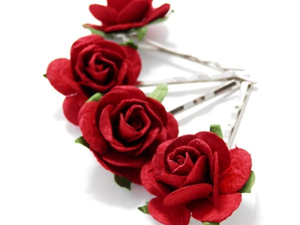 Deep Red Rose Hair Clips Set of Four Bobby Pins Bridal Accessory Wedding Accessories