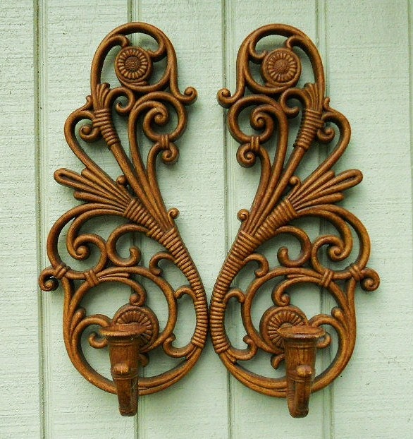 Bronze-Brown Ornate Scrolled Ornate Syroco Wicker/Rattan Vintage Sconces Candle Holders Set of 2 - Hollywood Regency