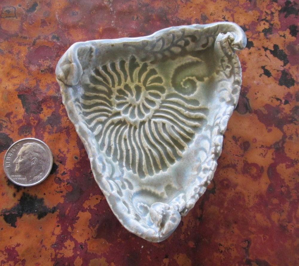 Stamped Nautilus and Seahorses on Matte Copper Glazed Ring/Earring Dish - HiddenFirePottery