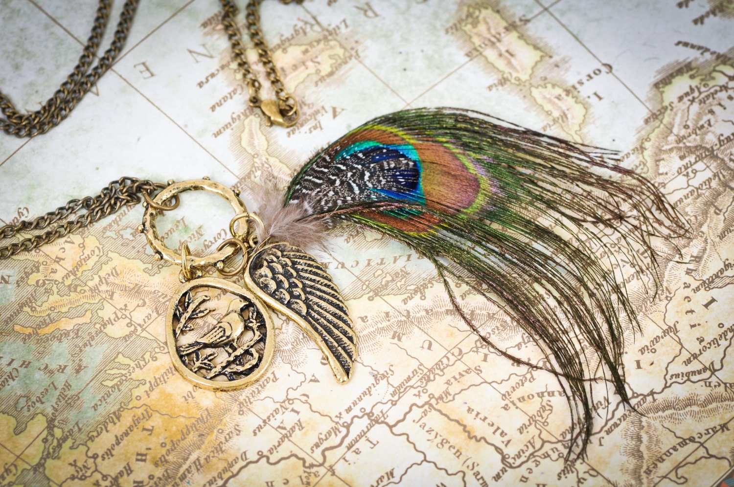 Faux Peacock Feather Pendant with Wings and Bird Charms in Antique Finish Chain Necklace (Code: Abi - Peacock)