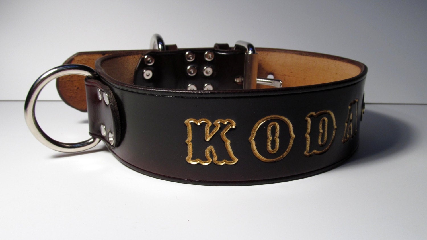 20" x  2" wide Dark Brown with Gold Letters- Leather Dog Collar Brass ID Tag & Pet Name