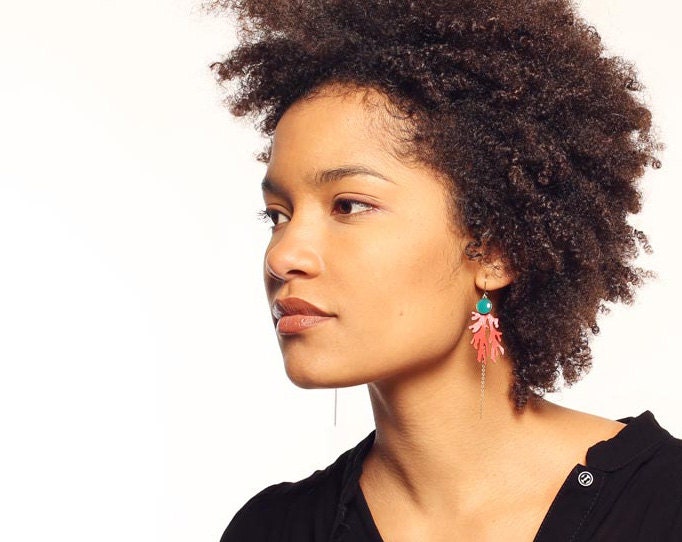 Earrings with red leather coral, Peacock blue resin and brass bronze