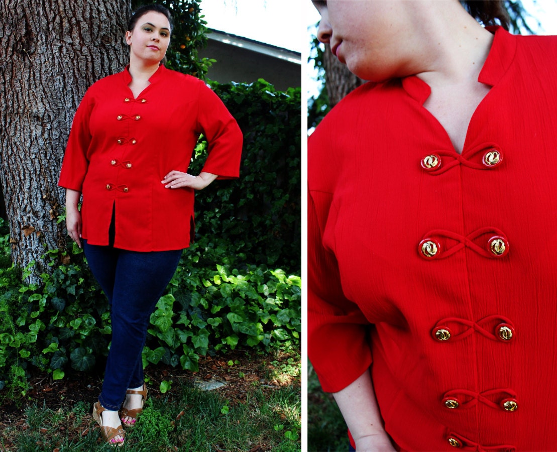 Plus Size - Vintage Red Crepe Asian Influenced Tunic Blouse (Size 18/20)