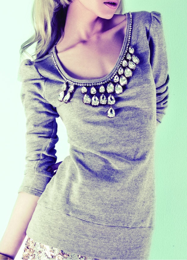 Tuck Royalty Sweatshirt.. Big sparkly stones and sexy sporty zipper back - Size XS, S, M, L .. Grey Heather, Pink & Black