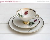 ON SALE Vintage 1950s Tea Cup and Saucer Trio Set Red Rose Bud on White