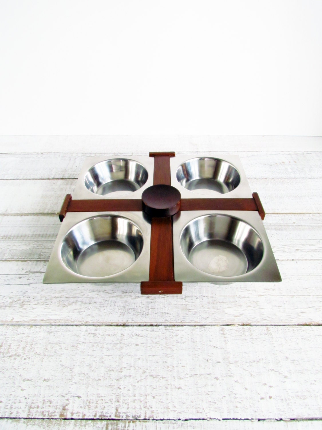 Vintage Danish Modern Style Serving Set Stainless Bowl Wood Tray Chip and Dip Set