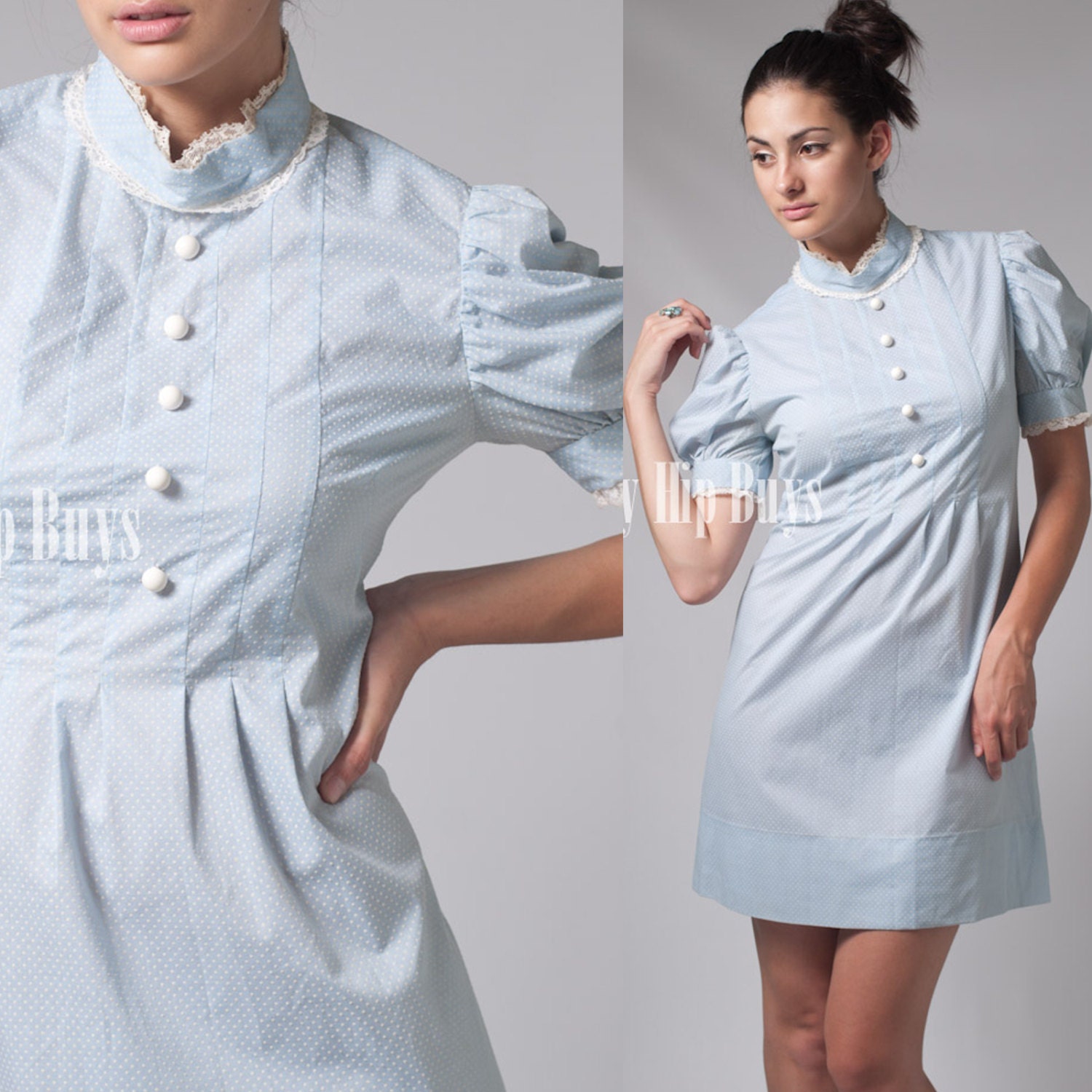 Vintage 60s MOD Light Blue White Babydoll Empire puff sleeve mini dress - M
