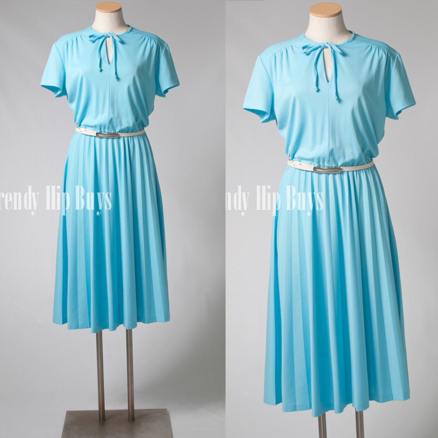 Vintage 60s 70s Blue Bow Tie Aline pleated Summer Dress - L/XL
