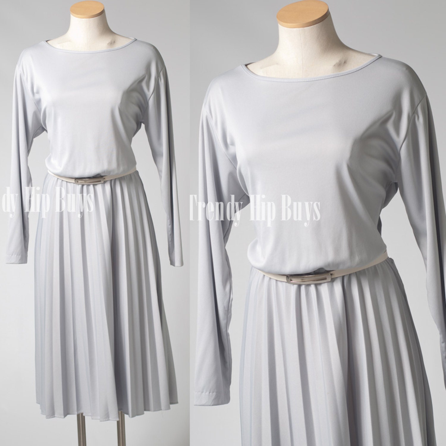 Vintage 70s Light Gray Blousan pleated Aline Dress - L/XL