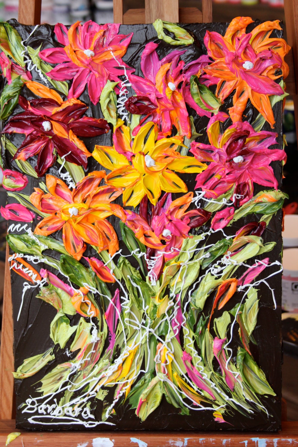 Simone's Bouquet - Floral Impasto Painting with Bouquet of Colorful Dahlias
