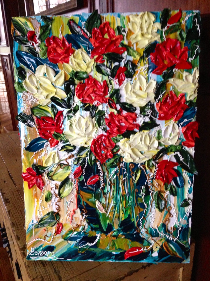 Love Is A Rose - Floral Impasto Painting of Bouquet of Red and White Roses