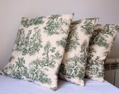 Beautiful Decorative Pillow Throw, Throw Pillow, Cushion Cover, Scatter Cushion In a Cream Cotton Fabric with a Dark Green Historical Design