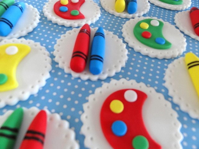 12 Fondant edible cupcake toppers - Little kids Art Party Theme