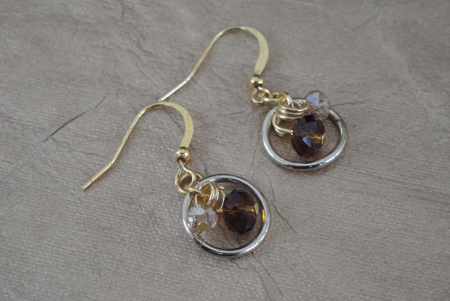 Wire Wrapped Hoop Link Drop Earrings Hoop Link Drop Earrings Faceted Amber Brown & Light Yellow Peach Crystal