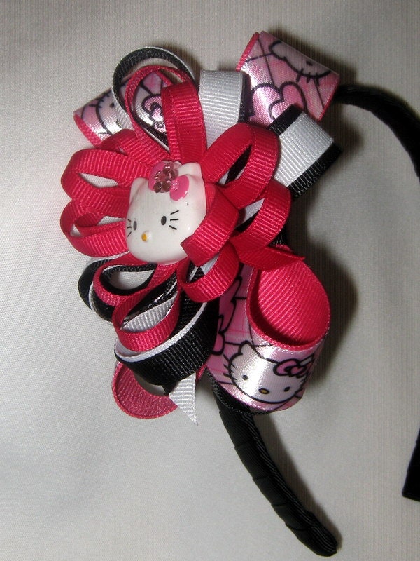 Black and Fuschia Hello Kitty Headband, girls accessories, handmade, unique, hair accessories, girls, black, fuschia, pink, headband.