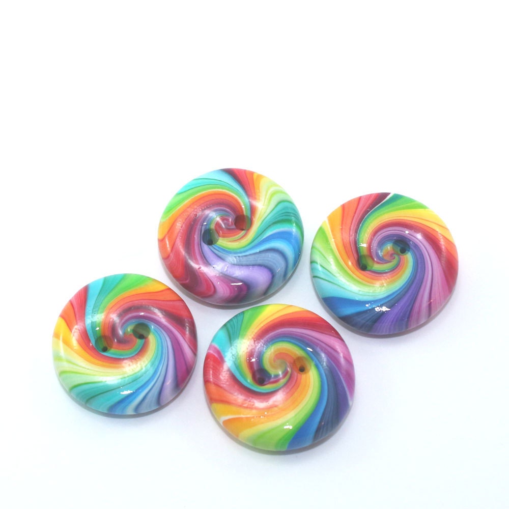 Polymer Clay buttons in rainbow colors, unique pattern,  medium colorful swirl buttons, set of 4