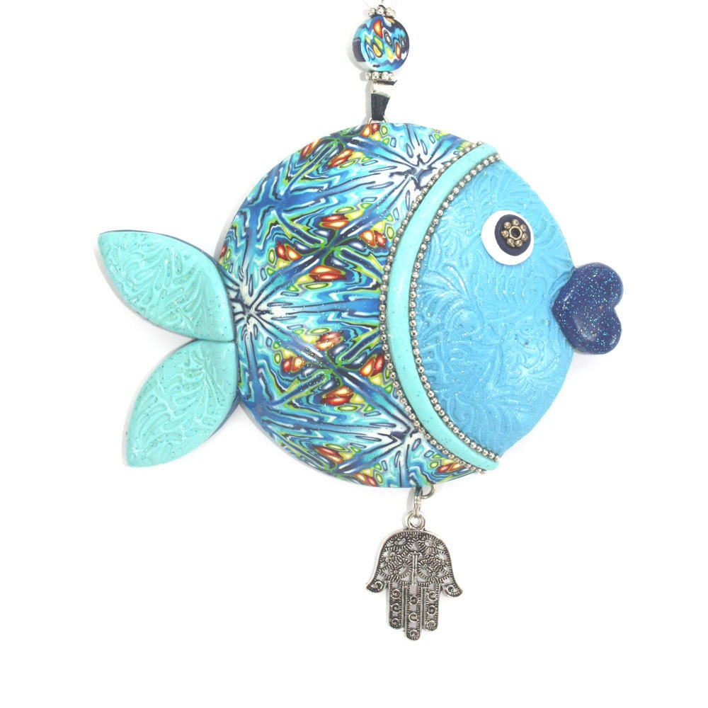 Wall decor fish of fortune ,lucky fish, Polymer clay handmade fish in blue, turquoise, green, white and silver