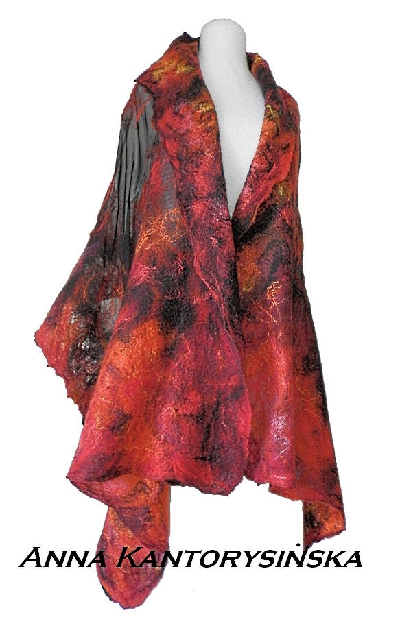nuno felted silk scarf shawl wrap FERVOR handmade art to wear, silk, wool, silk fibers, eco fashion by Kantorysinska