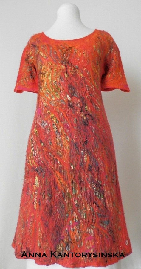 nuno felted silk dress DRAGON handmade art to wear, wool, silk, silk fibers, eco fashion by Kantorysinska