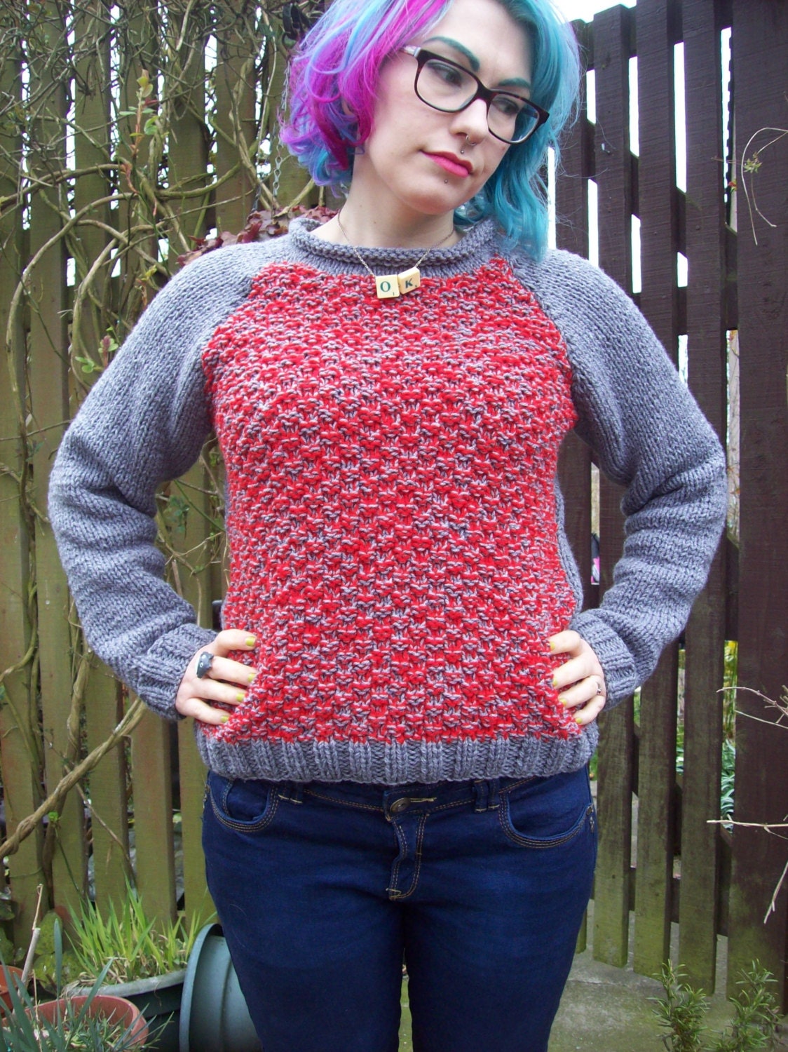 Sale Chunky Sweater/Jumper  Hand knitted  -  Roll Neck -  OOAK  - Womens - Grey/Gray/ Red