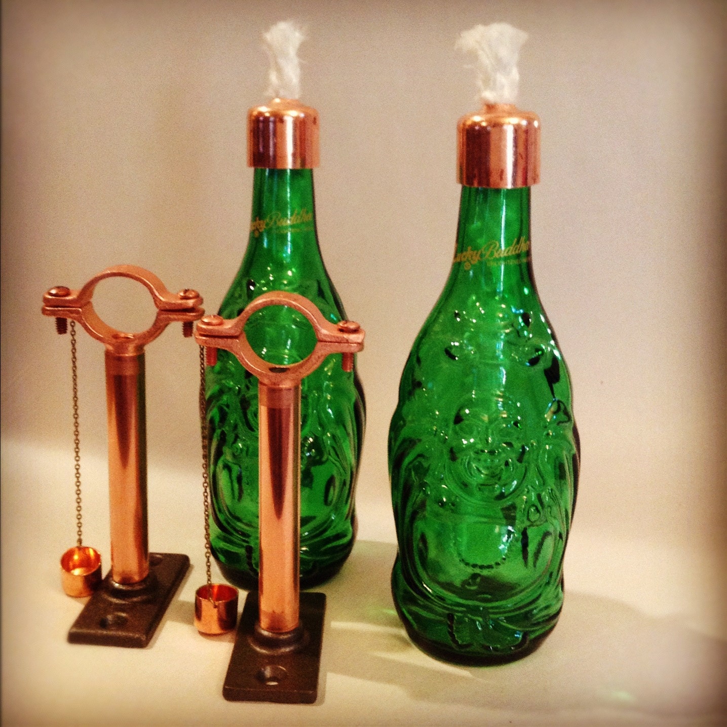 Set of 2 Emerald Green Happy Buddha Tiki Torch Lantern -Wine Bottle Tiki Torch, Hurricane Lamp, Night Light, Hanging Lantern, Oil Lamp,