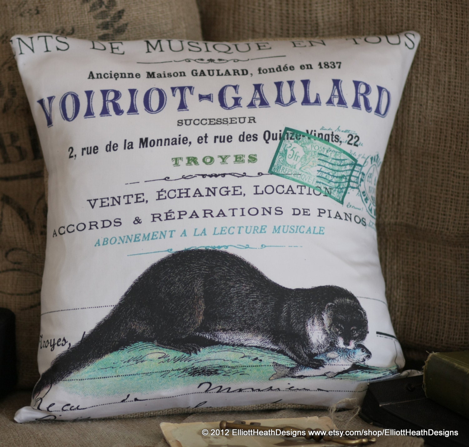 Vintage French Otter Postal Document Burlap Cotton Throw Pillow Cover - Ships FREE to US and Canada