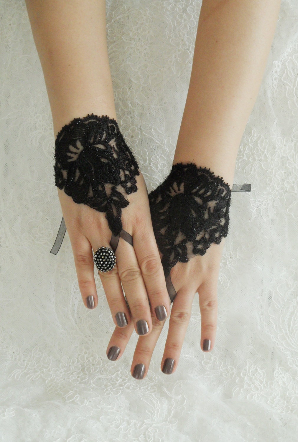 fingerless glove, black french lace glove, gothic glove,