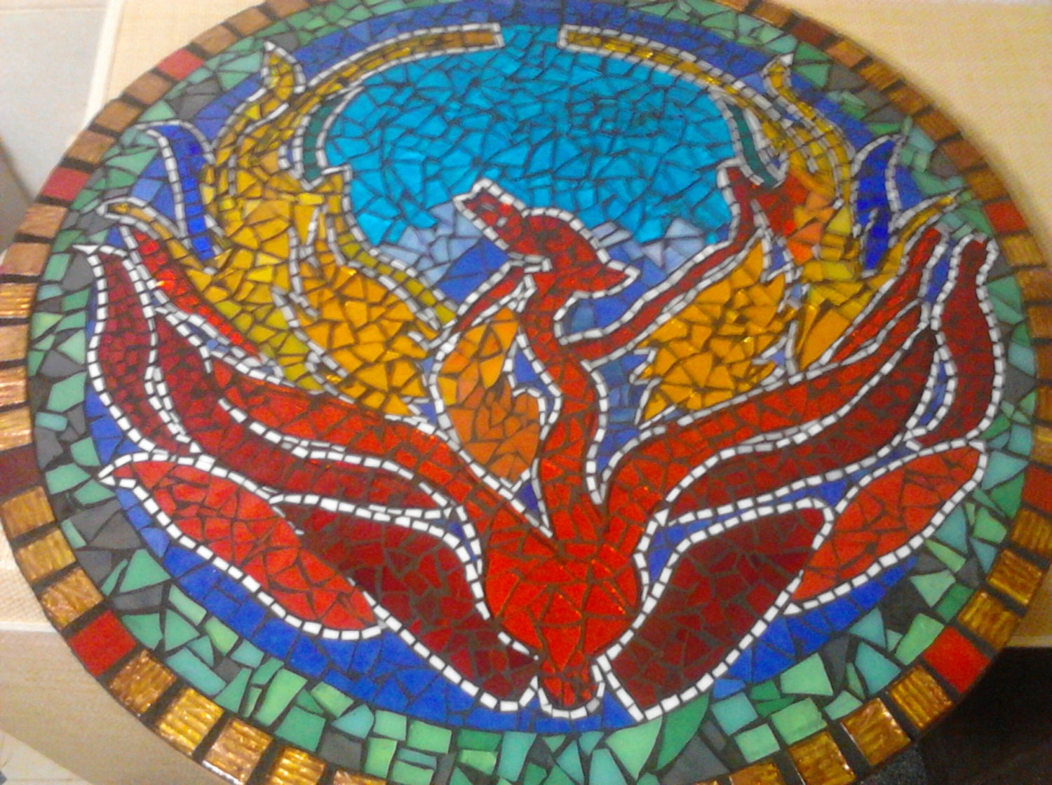handmade mosaic phoenix round table,bistro,patio,accent..Stained glass 