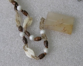 Honey calcite necklace, accessory with wooden beads, seashells and gemstone pendant. Browns and white.Handmade nature wire jewelry