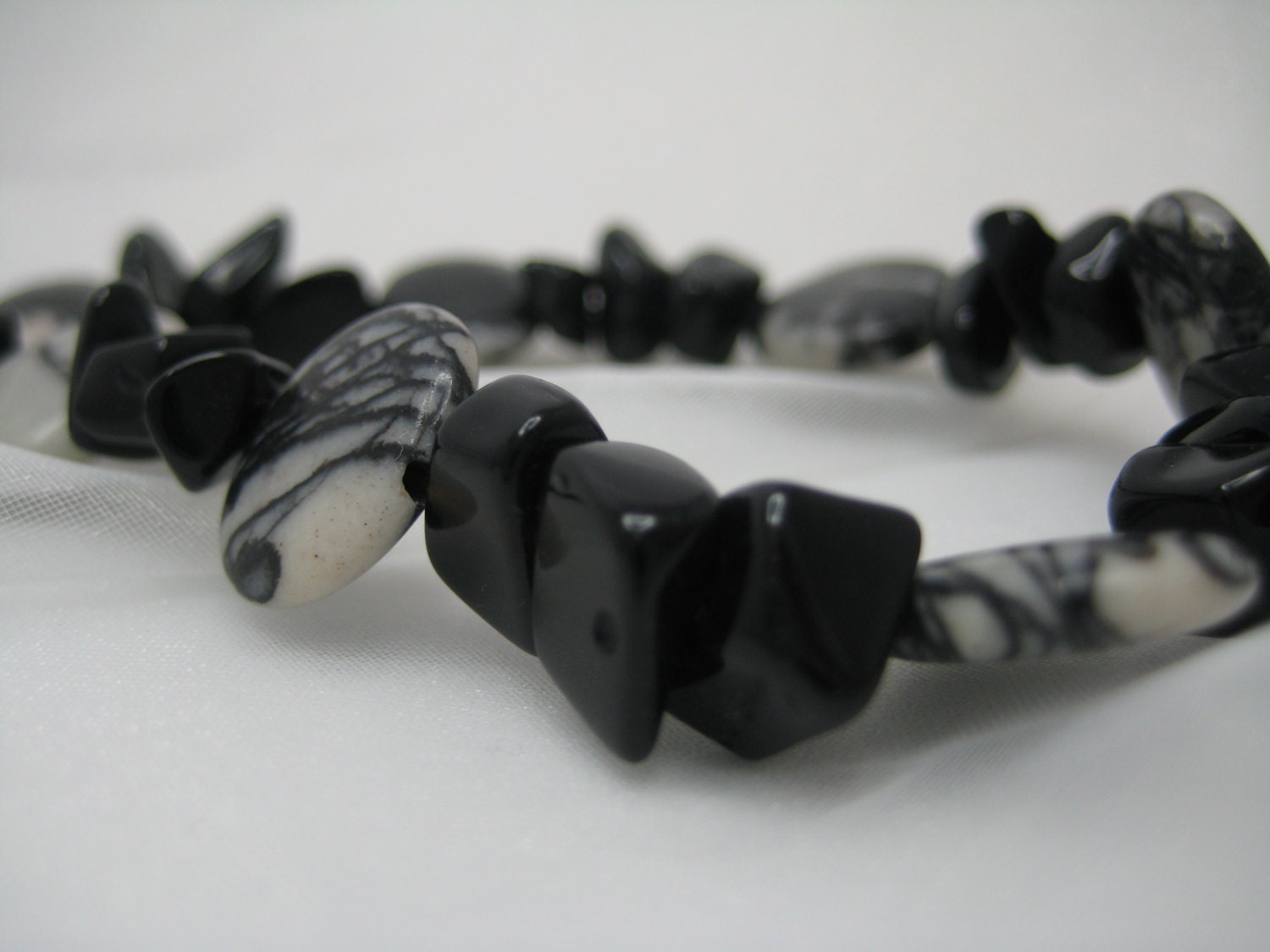 Black Onyx Stone Beadwork Necklace, Black White Gemstone Strand Necklace, Black White Jasper Pebble Bead Necklace, Designer Jewellery