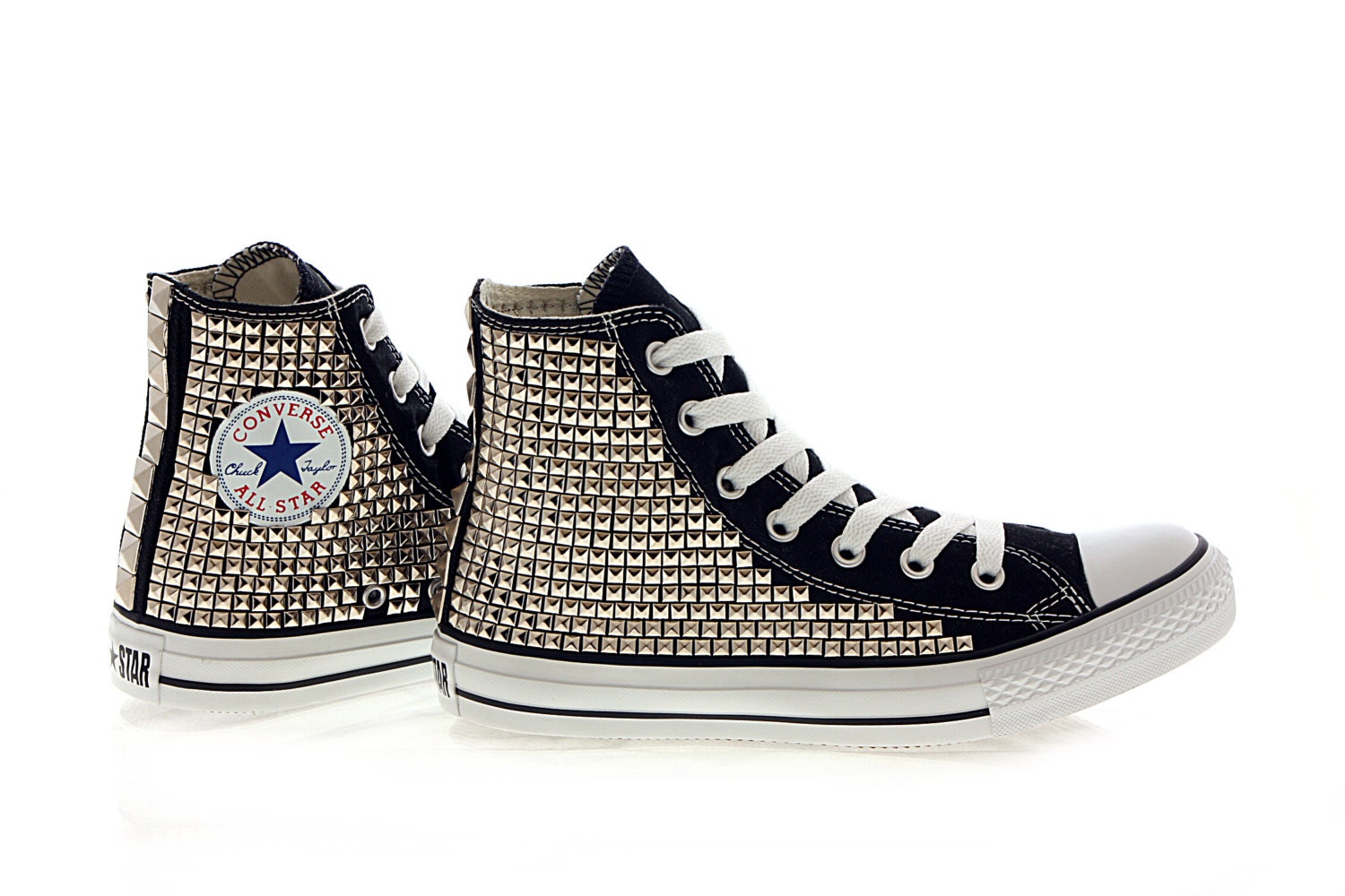 Studded Converse Silver Pyramid studs with converse Black high top by CUSTOMDUO on ETSY