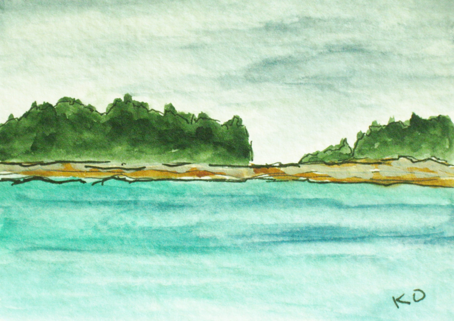 Maine Painting,  Watercolor Seascape. Richmond Island from Kettle Cove. ACEO. Pen and Ink Drawing. Original Art by Kathleen Daughan