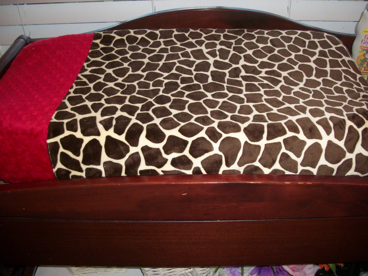 Giraffe Minky Changing Pad Cover    Butter Brown Giraffe with Red Minky Accent