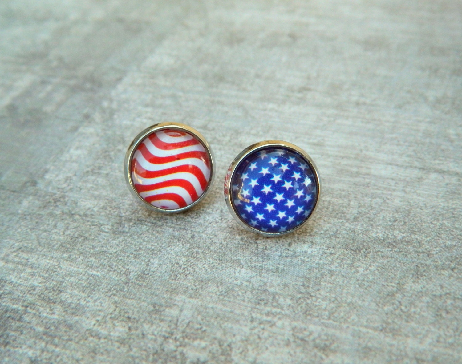 American Flag Earrings, 4th of July, Patriotic Jewelry, USA, United States, Silver, Red White Blue, 12mm, Round Studs, Glass Earrings