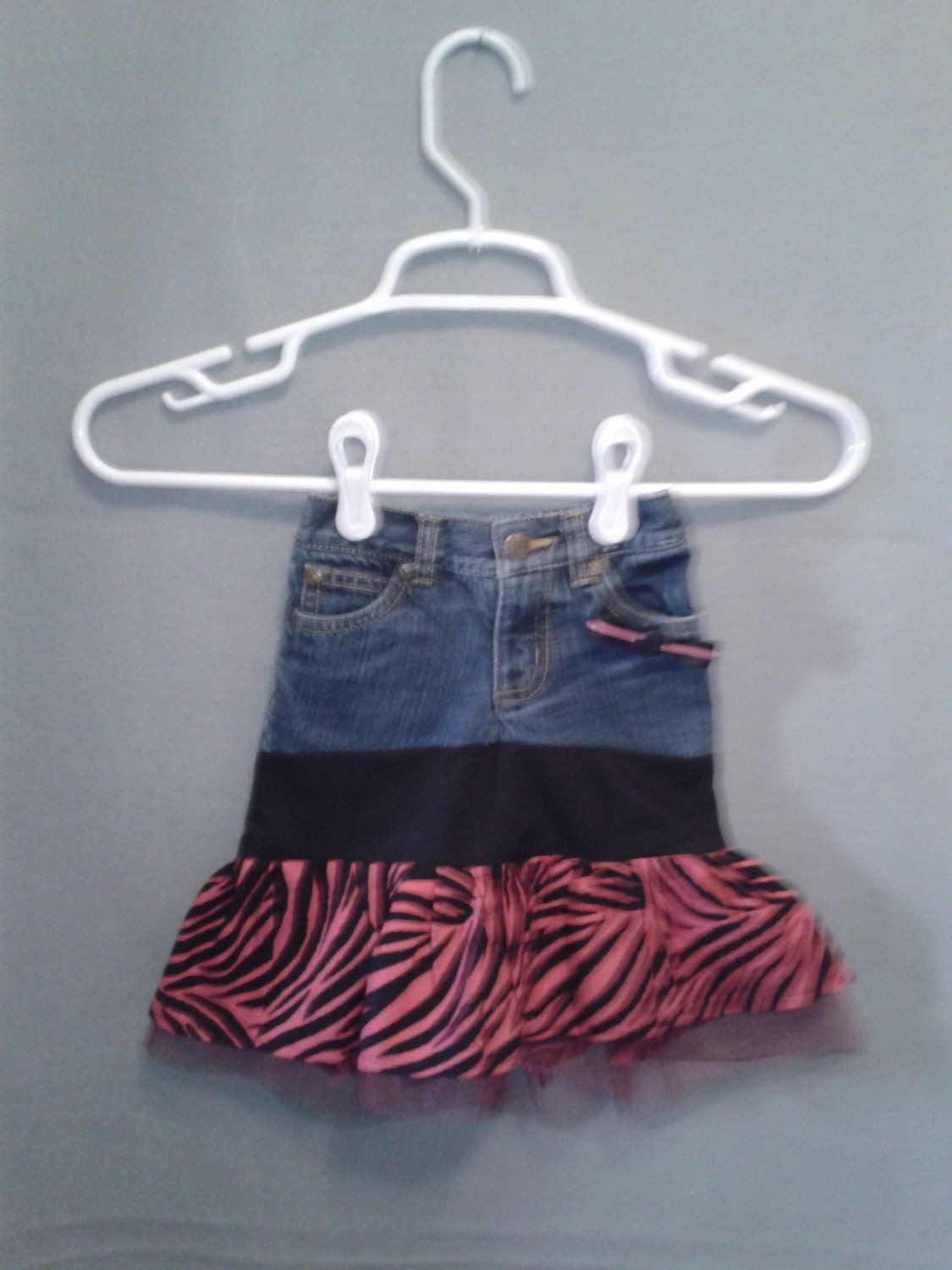 Upcycled Denim Hot Pink Zebra Fabric Girls 2T Skirt OOAK