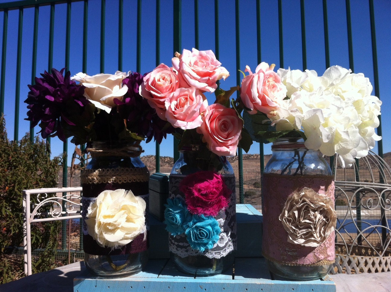 Half Gallon Mason Jars : Set of 3 CUSTOM Burlap and Lace Mason Jars. Wedding Centerpieces. Farm House Decor. Rustic Barn Wedding