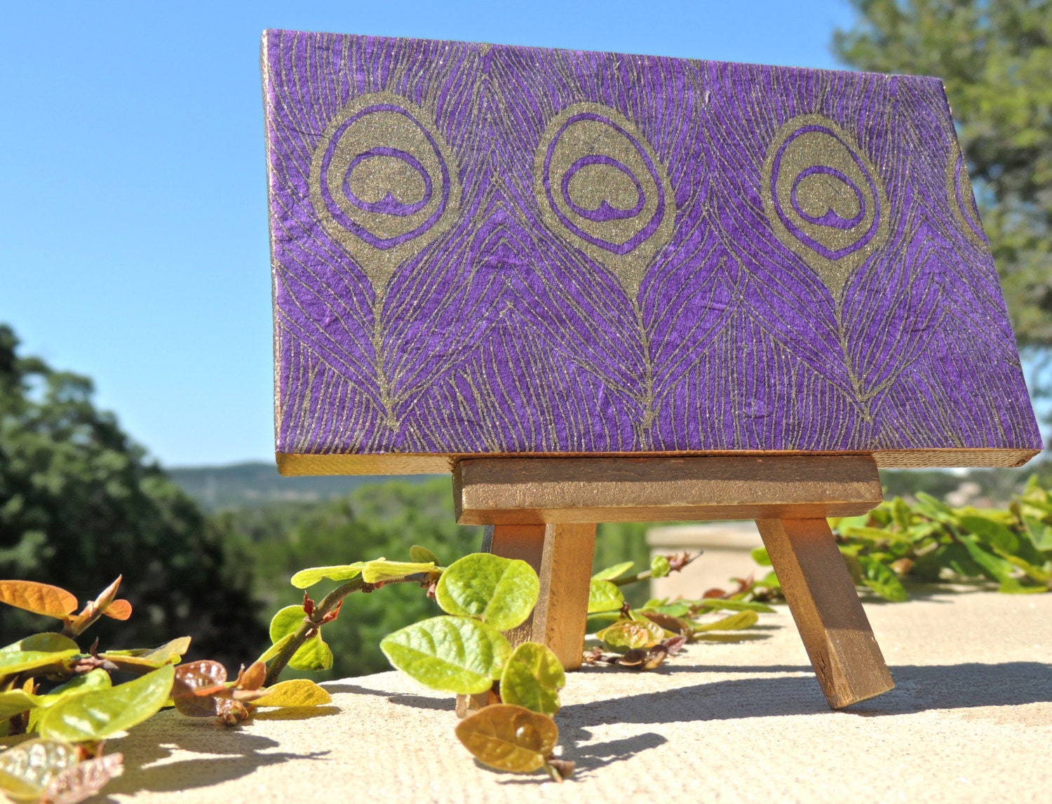 Peacock Feathers on Purple Background Mini Canvas with Gold Easel, Peacock Feathers Art, Mini Easel, Peacock
