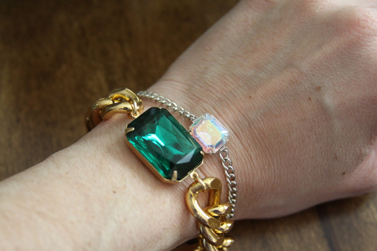 Large Vintage Emerald Colored Swarovski Stone Bracelet