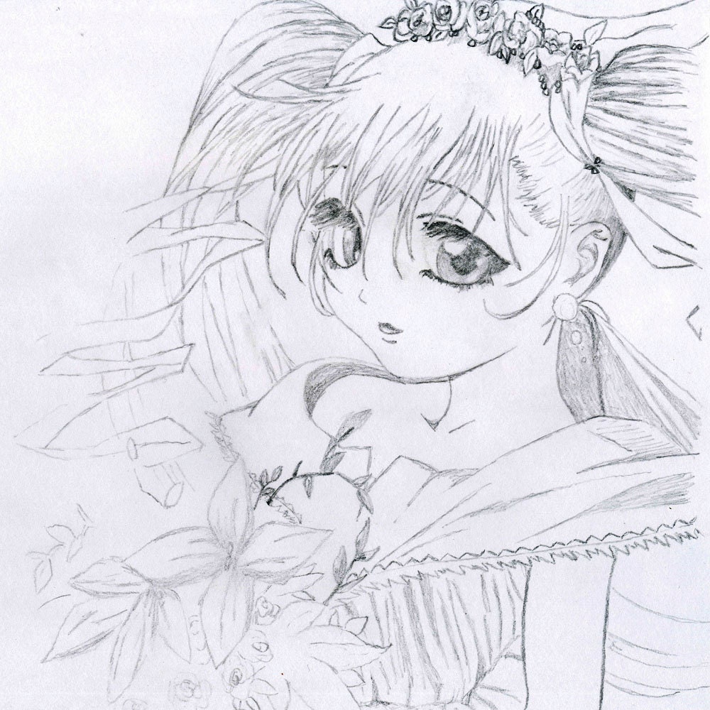 Young Girl with Pony Tails, Anime, Manga, Illustration,  Kawaii Pencil Drawing  by Cliff Sperandeo