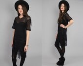Vtg 90s Black Cut Out Crochet Boho Fringe Gypsy Tunic Mini Dress S-M