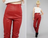 Vtg 80s Red Leather High Waist Skinny Tights Biker Pants S