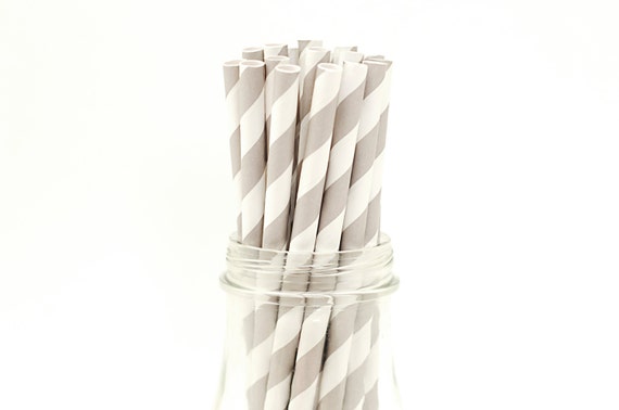 25 Gray Paper Straws Grey Striped Retro Vintage Style Carnival Circus Wedding Birthday Bridal Baby Shower W/ Printable Flags Ready to ship Il_570xn