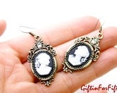 Cameo - Vintage Style Jewelry Antique Bronze Plated Cabochon Girls Silhouette Dangle Earrings OOAK by Giftin For Fifteen