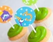 Monster Party Cupcake Toppers - Set of 12 - Blue, Orange and Lime Green - Party Circles - Great for Boys Birthday Party