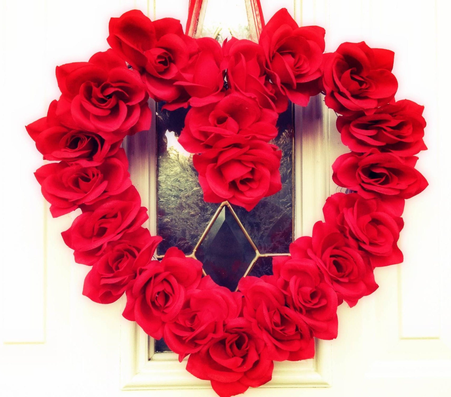Ready TO SHIP Valentine's Red Glittery Roses White Heart Sahped Grapevine Wreath