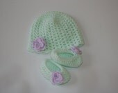 Hats Baby crochet beanie hat & slippers Booties Handmade in mint green and lilac easy care acrylic. Newborn baby to 3 months appx