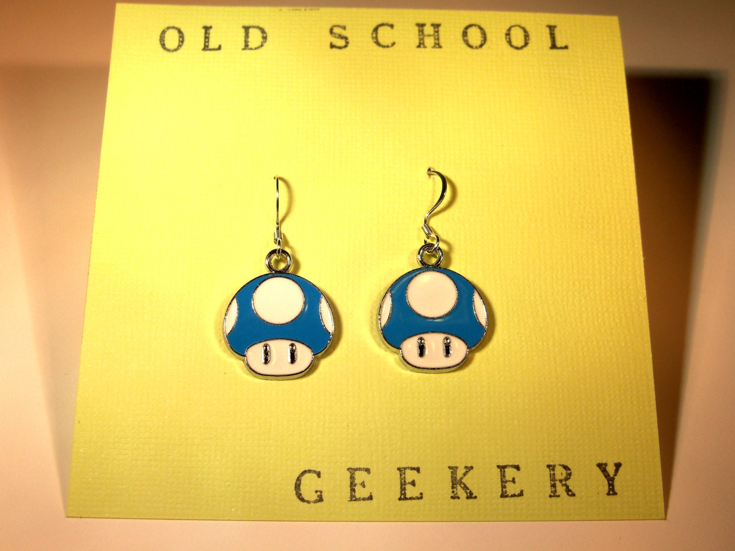 Nerdy Blue Mushroom Drop Earrings Mario Style Mushrooms Geek Crafted into an adorable accessory