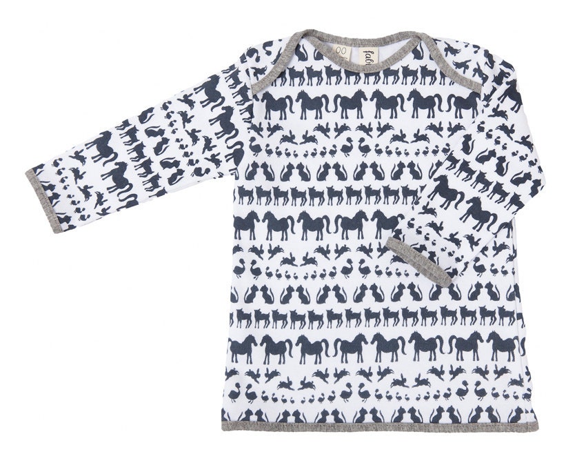 Hand Printed Unisex Long Sleeve Baby Top in Organic Cotton - Navy Animals on White
